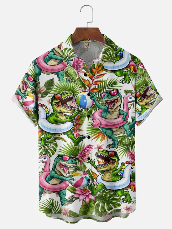 Moisture-Wicking Gradient Featuring Tropical Flora Leaves Dinosaurs Flamingo Swim Rings Chest Pocket Hawaiian Shirt