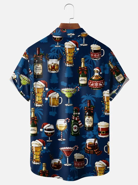 Moisture-Wicking Tropical Plants Christmas in July Candy Canes And Santa Hat Wine Glasses Chest Pocket Hawaiian Shirt