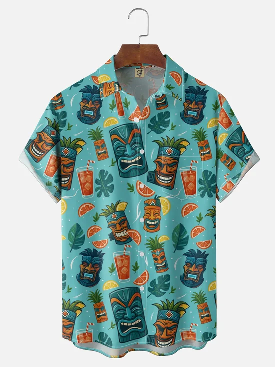 Moisture-Wicking Ombré Tropical Leaf & Tiki Chest Pocket Hawaiian Shirt
