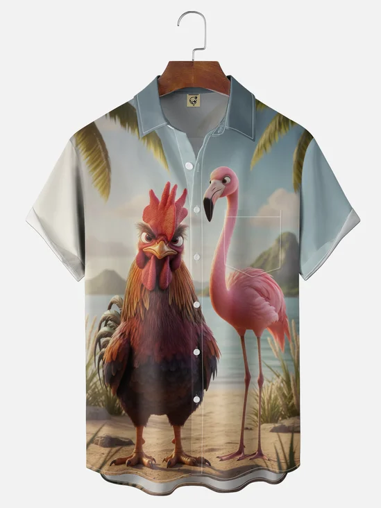 Moisture-Wicking Gradient Tropical Botanical Coconut Tree Beach Rooster Flamingo Chest Pocket Hawaiian Shirt