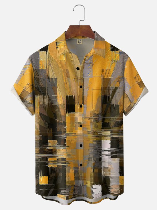 Moisture-Wicking Featuring A Gradient 3D Abstract Geometric Color-Block Chest Pocket Hawaiian Shirt