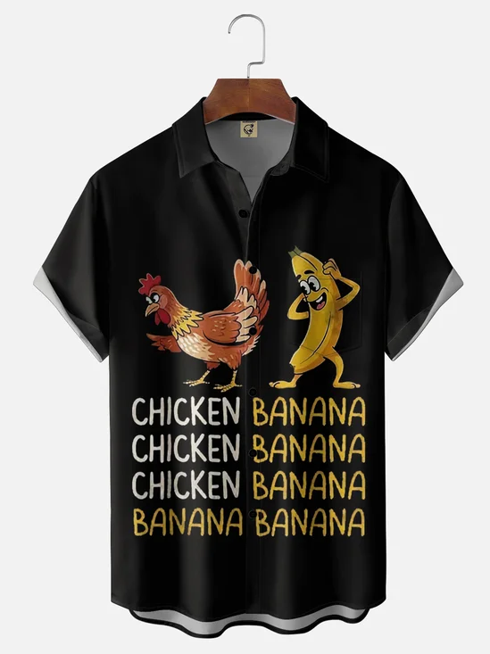 Moisture-Wicking Gradient-Color Humorous Chicken & Banana Slogan Chest Pocket Hawaiian Shirt
