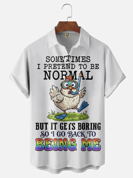 Moisture-Wicking Gradient-Color Humorous Chicken Slogan Chest Pocket Hawaiian Shirt
