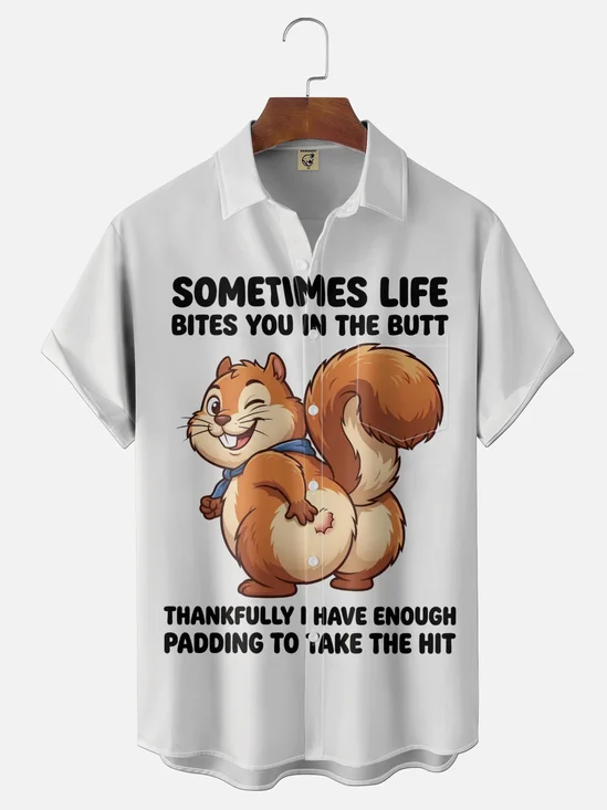 Moisture-Wicking Gradient-Color Humorous Chipmunk Slogan Chest Pocket Hawaiian Shirt