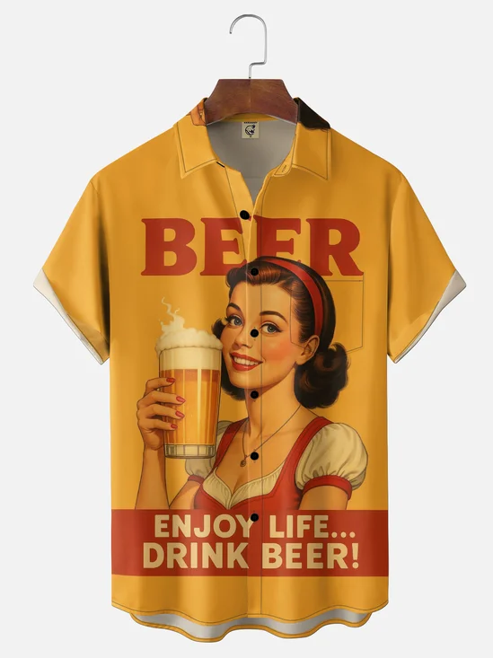 Moisture-Wicking Gradient-Color Humorous Retro-Style Beautiful Woman & Beer Slogan Design Chest Pocket  Hawaiian Shirt