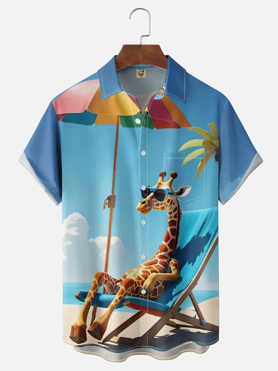 Moisture-Wicking Gradient Fun Beach Giraffe Chest Pocket Hawaiian Shirt