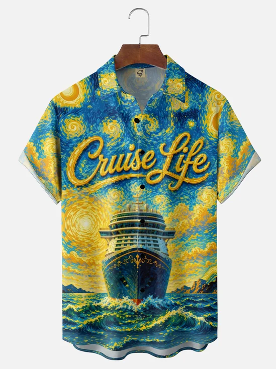 Moisture-Wicking "Cruise Life" Chest Pocket Hawaiian Shirt