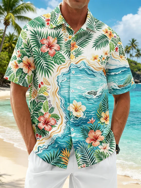 Linen-Texture Gradient Tropical Floral Chest Pocket Hawaiian Shirt
