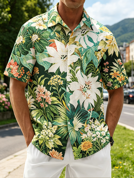 Linen-Texture Gradient Tropical Floral Chest Pocket Hawaiian Shirt