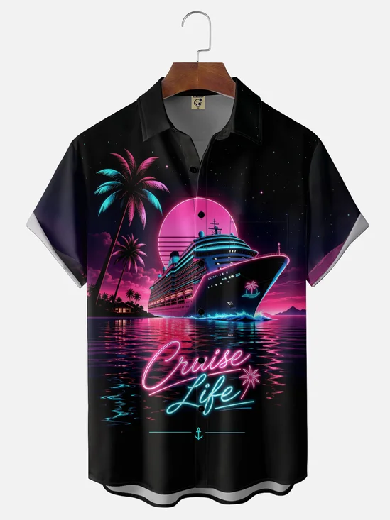 Moisture-Wicking "Cruise Life" Chest Pocket Hawaiian Shirt