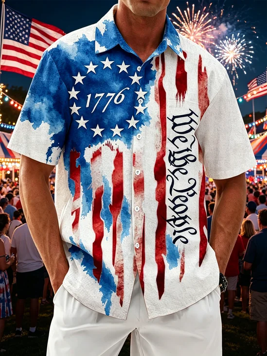 Linen-Texture U.S. 1776 Declaration of Independence Flag Chest Pocket Hawaiian Shirt