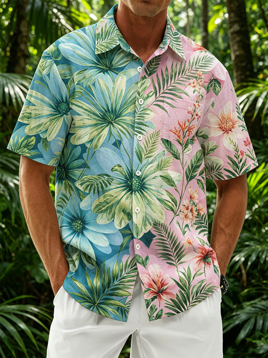 Linen-Texture  Gradient Tropical Floral Chest Pocket Hawaiian Shirt