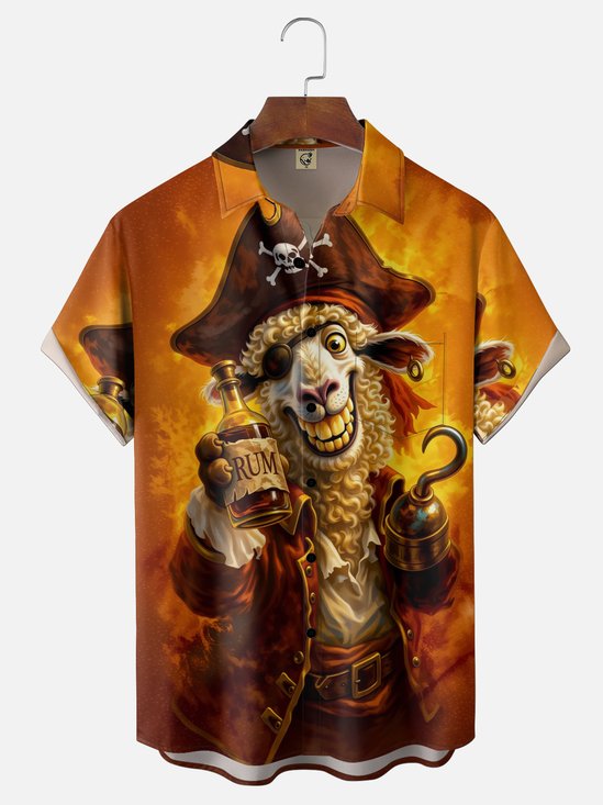 Moisture-Wicking Fun Pirate Sheep Chest Pocket Hawaiian Shirt