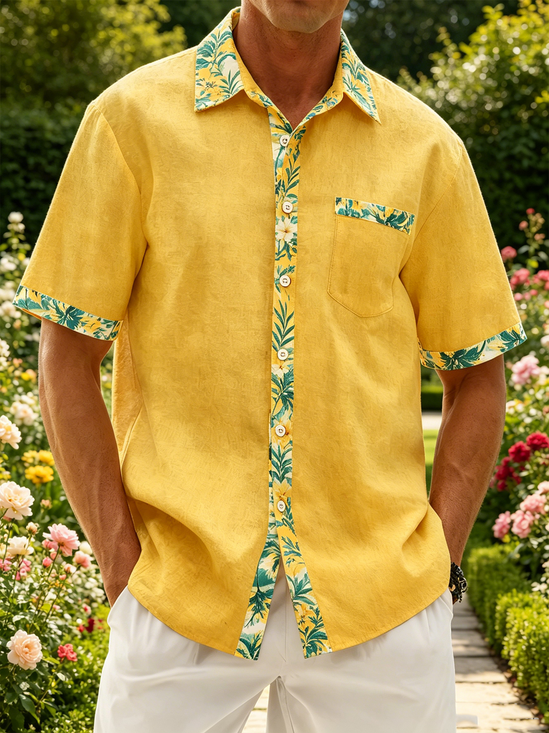 Linen-Texture Solid & Botanical Floral Patchwork  Chest Pocket Hawaiian Shirt