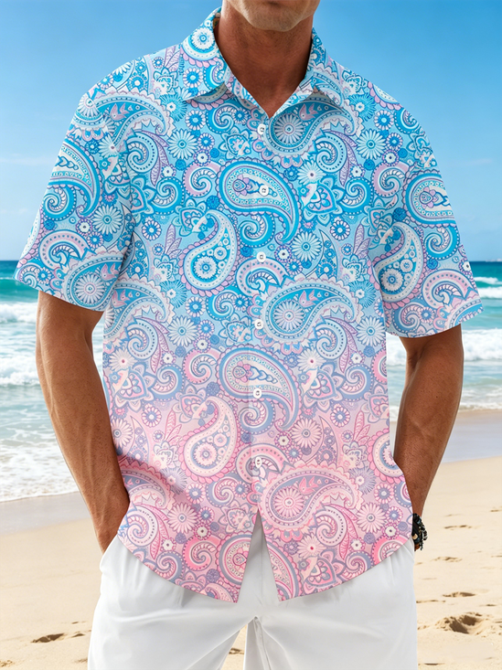 Linen-Texture Ombré Paisley Chest Pocket Hawaiian Shirt