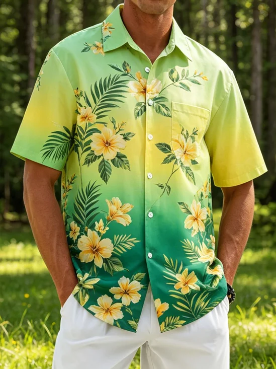 Linen-Texture Gradient Tropical Floral Chest Pocket Hawaiian Shirt