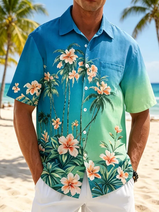 Moisture-Wicking Gradient Tropical Plant Flower Coconut Tree Chest Pocket Hawaiian Shirt