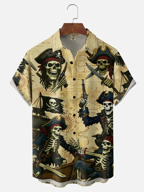 Moisture-Wicking Gradient Retro Map Pirate Skull & Sailboat Chest Pocket  Hawaiian Shirt