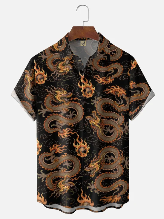 Moisture-Wicking Gradient Dragon  Chest Pocket Hawaiian Shirt