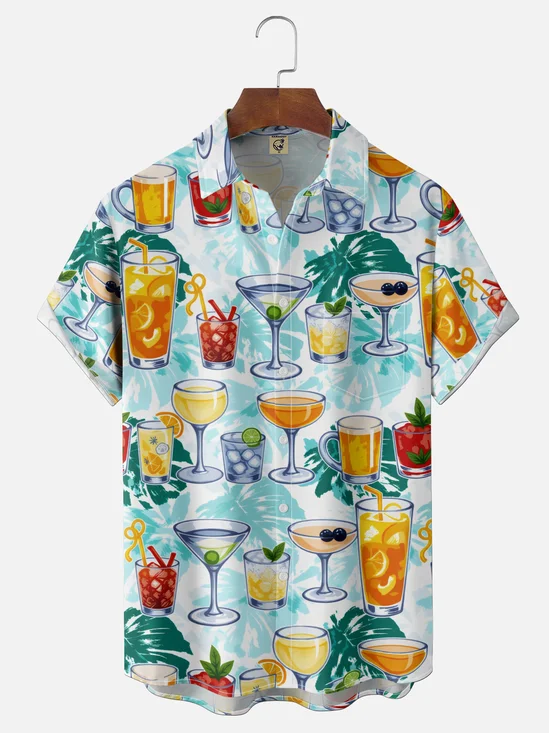 Moisture-Wicking Ombré Mid-Century Retro Cocktail Leaf  Chest Pocket Hawaiian Shirt