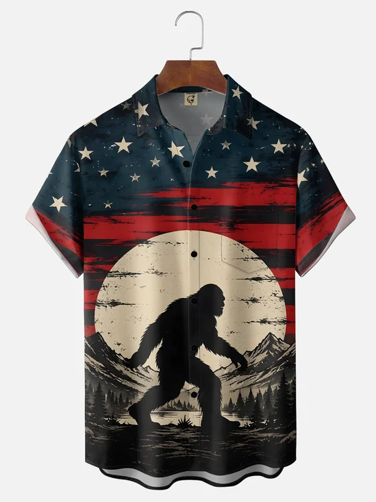 Moisture-Wicking USA Independence Day Flag & Bigfoot Pattern Chest Pocket Holiday Hawaiian Shirt