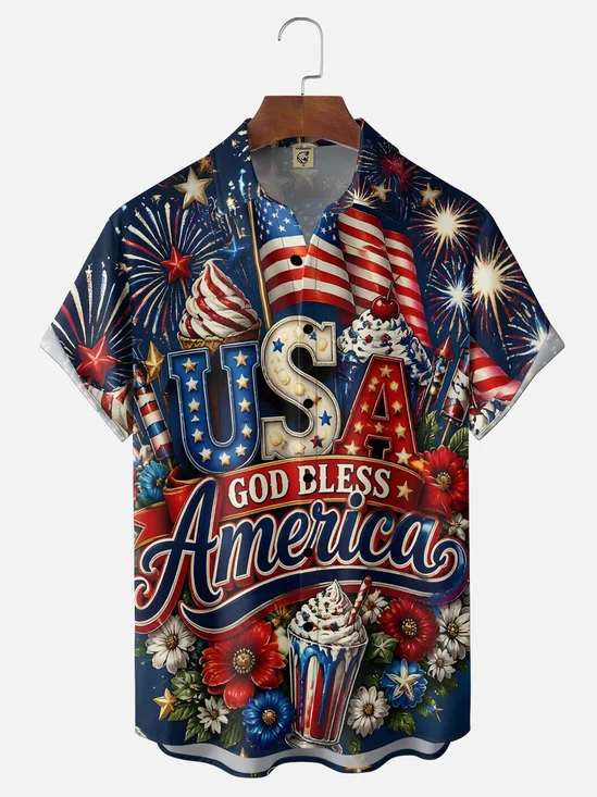 Moisture-Wicking  USA Flag, Independence Day & God's Holiday Chest Pocket Hawaiian Shirt