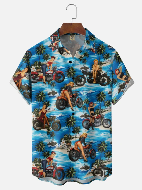 Moisture-Wicking Gradient  Coconut Trees Beach Scene And Pin-up Girl Chest Pocket Hawaiian Shirt