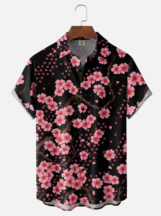 Moisture-Wicking Ombré Cherry Blossom & Japanese Cultural Motifs  Chest Pocket  Hawaiian Shirt