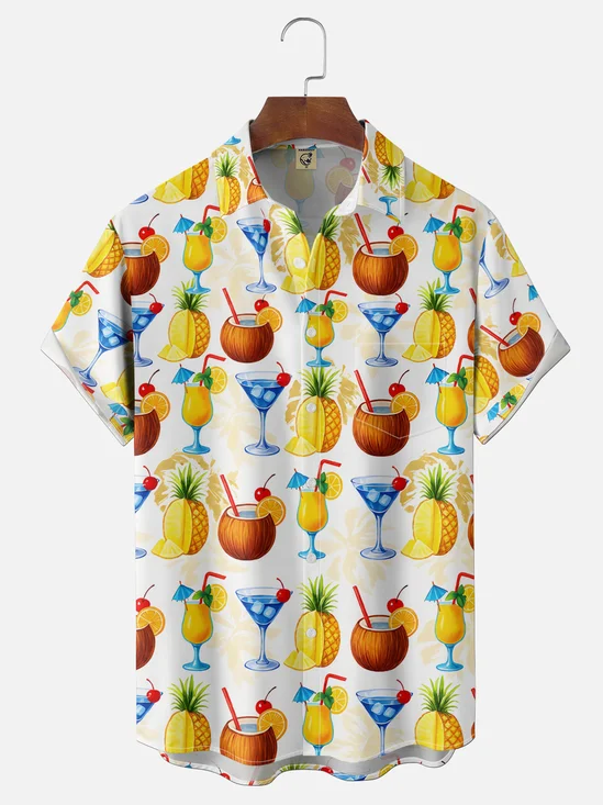 Moisture-Wicking Gradient-Color Mid-Century Retro Lemon & Pineapple Cocktail  Chest Pocket Hawaiian Shirt