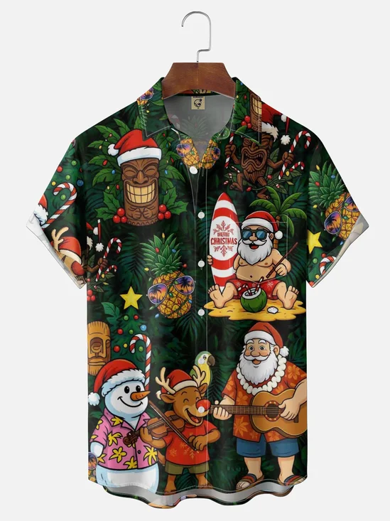 Moisture-Wicking Ombré Christmas In July Santa Guitar Tiki & Tropical Plant Print With Chest Pocket Hawaiian Shirt