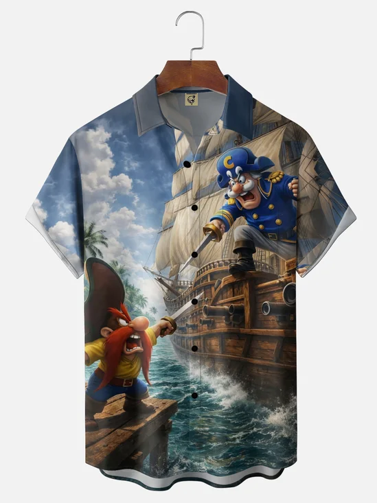 Moisture-Wicking Gradient-Color Dueling Pirates & Sailboats Design  Chest Pocket Hawaiian Shirt
