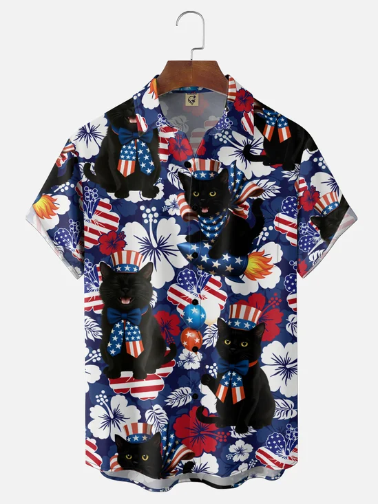Moisture-Wicking Gradient Independence Day US Flag Black Cat & Floral Pattern With Chest Pocket Hawaiian Shirt