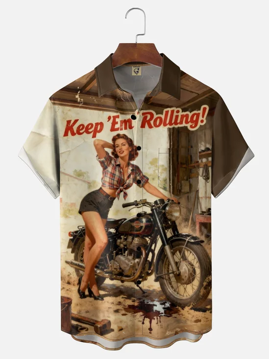 Moisture-Wicking Gradient Humorous & Witty Retro Pin-up Girl SLogan Chest Pocket Hawaiian Shirt