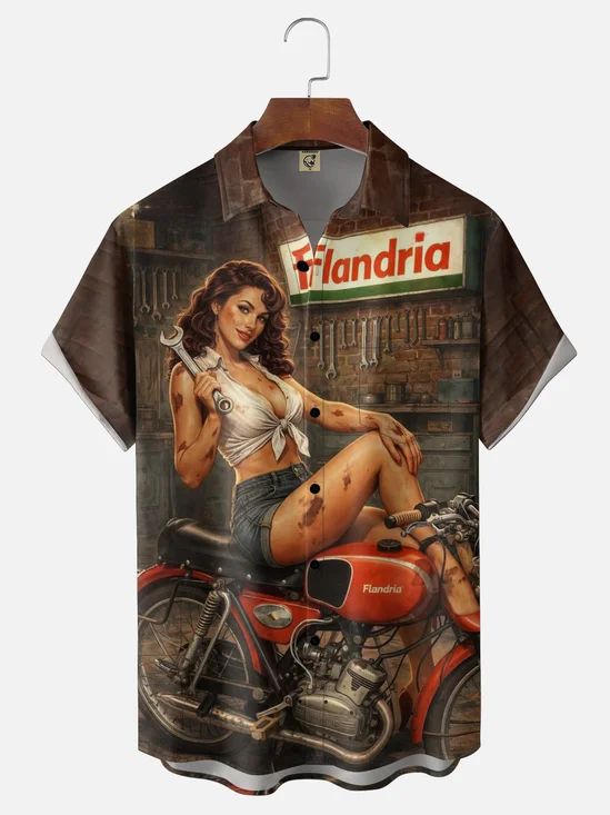 Moisture-Wicking Gradient Retro Pin-up Girl Poster   Chest Pocket Hawaiian Shirt