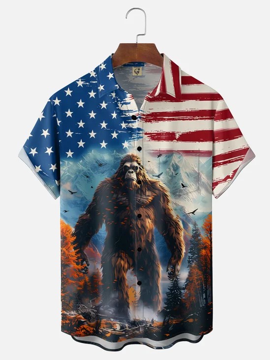 Moisture-Wicking USA Flag Bigfoot Chest Pocket Holiday Hawaiian Shirt
