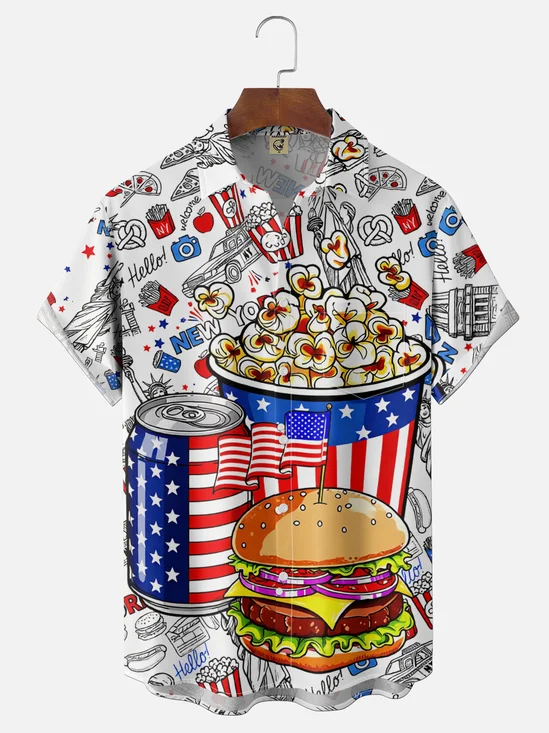 Moisture-Wicking USA Flag Burger Fries and Hot Dog Food Party Chest Pocket Holiday Hawaiian Shirt