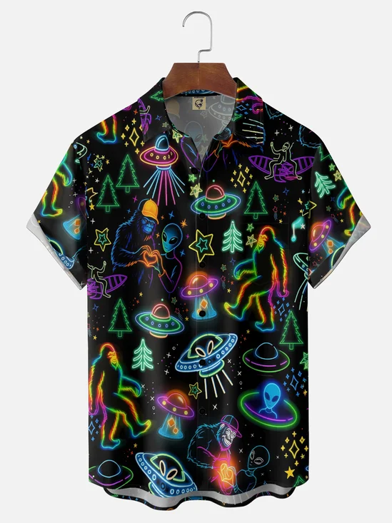Moisture-Wicking Alien UFO and Bigfoot Chest Pocket Holiday Hawaiian Shirt