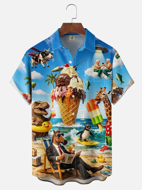 Moisture-Wicking Fun Breathable Beach Dinosaur Cow Horse Chest Pocket Holiday Hawaiian Shirt