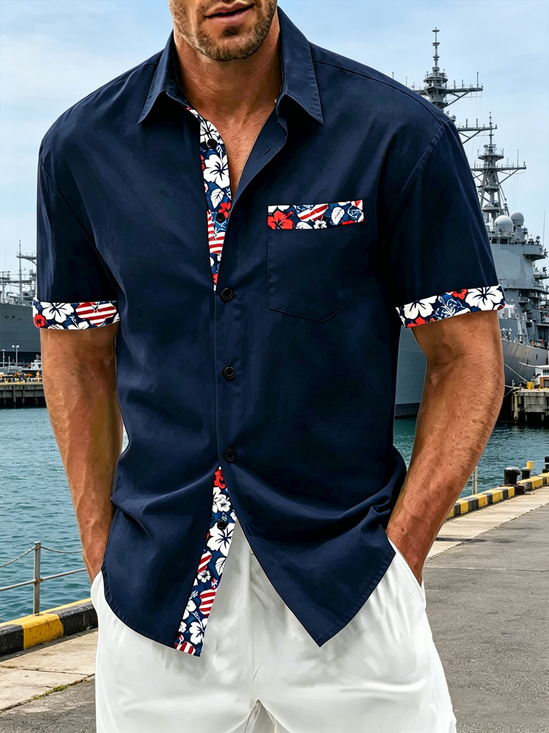 Moisture-Wicking American Flag Floral Chest Pocket Hawaiian Shirt