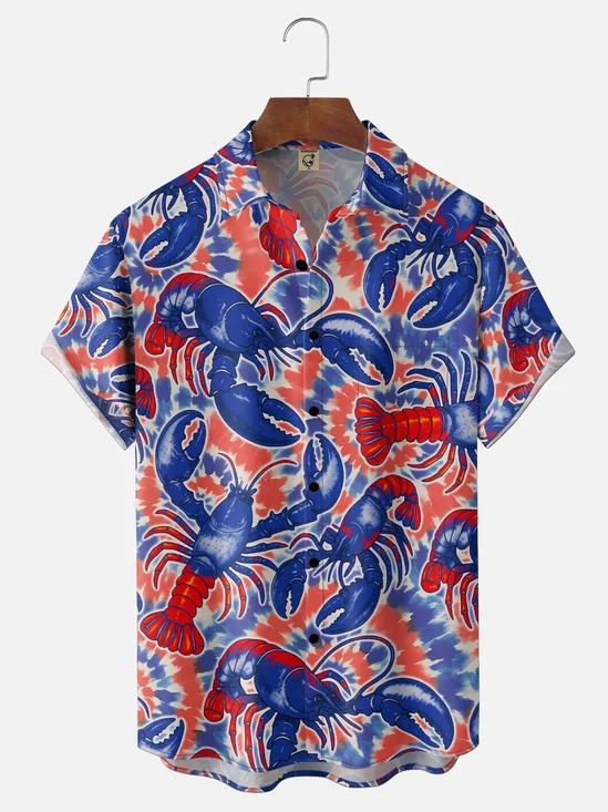Moisture-wicking Lobster Holiday Chest Pocket Hawaiian Shirt
