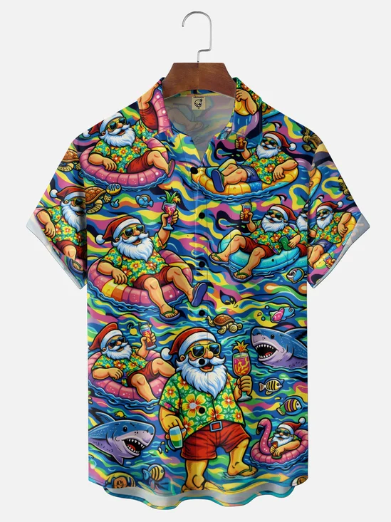 Moisture-Wicking Abstract Fun "Christmas in July" Santa Chest Pocket Holiday Hawaiian Shirt