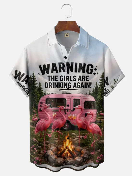 Moisture-Wicking "Humorous Girl" Slogan Flamingo Camping Holiday Chest-Pocket Hawaiian Shirt