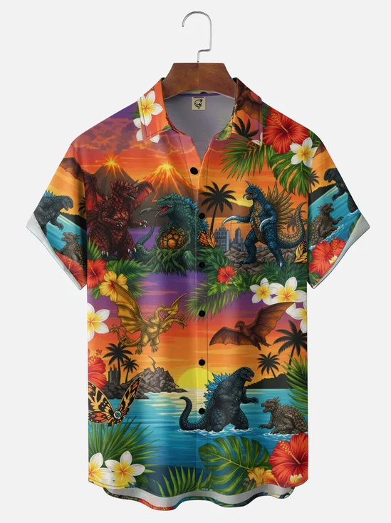 Moisture-Wicking Gradient Tropical Plant Volcano & Dinosaur Short-Sleeve Hawaiian Shirt