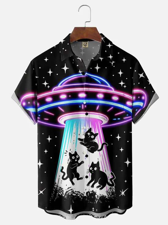 Moisture-Wicking Neon UFO & Black Cat Chest Pocket Hawaiian Shirt