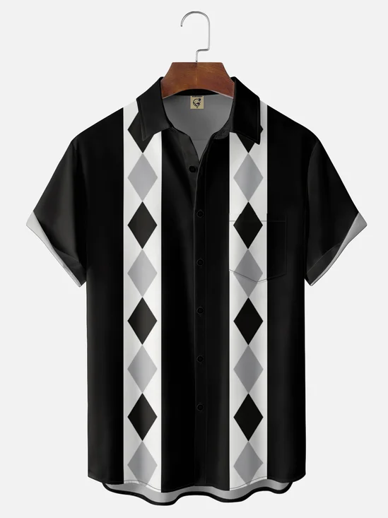 Moisture-Wicking Geometric Color-Block Bowling Shirt with Chest Pocket