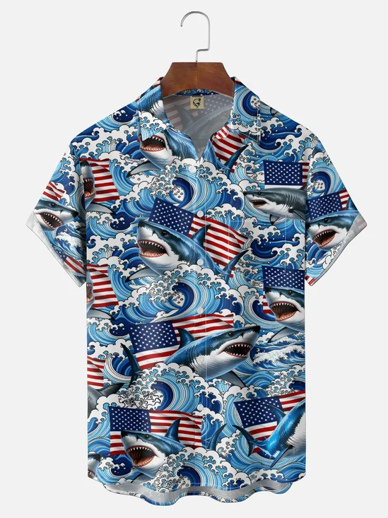 Moisture-Wicking Independence Day Gradient American Flag Shark & ​​Wave Print Chest Pocket Hawaiian Shirt