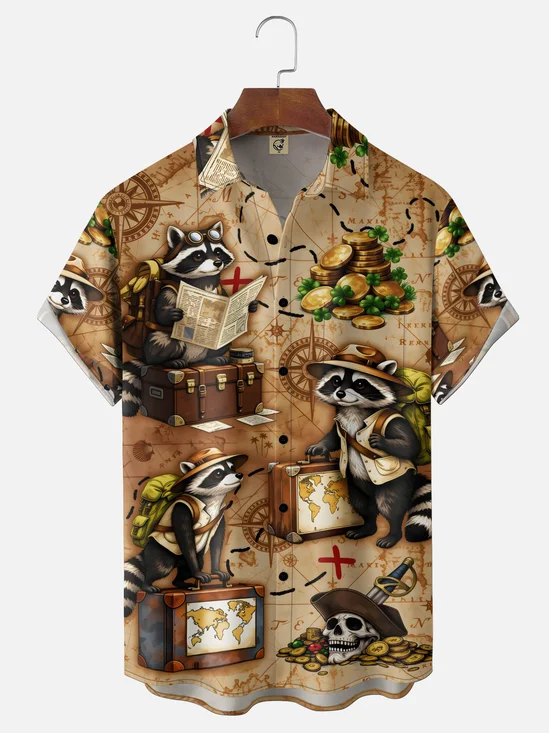 Moisture-Wicking Gradient Adventure Raccoon Skull Pirate Map And Compass Chest Pocket Hawaiian Shirt