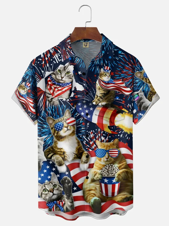 Moisture-Wicking Independence Day Gradient American Flag Cat Rocket Popcorn Print Chest Pocket Hawaiian Shirt