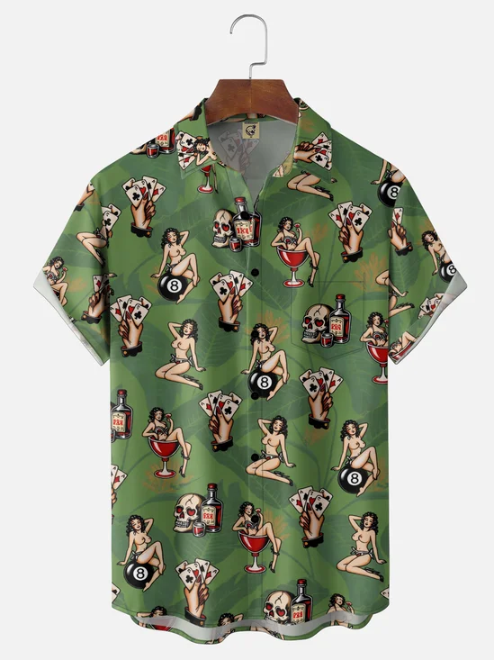 Moisture-Wicking Featuring A Gradient Design Playing Cards Vintage Pin-up Girls Skulls The Black 8-Ball Chest Pocket Hawaiian Shirt