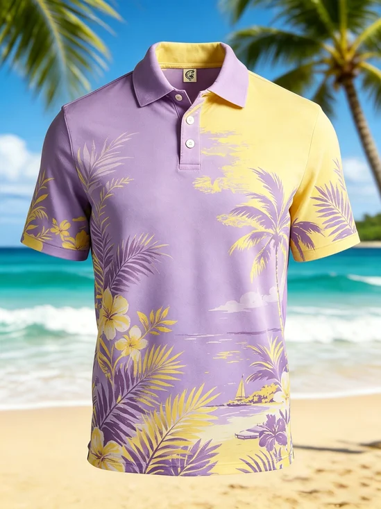 Moisture-Wicking Tropical Leaf & Coconut Tree Gradient Short-Sleeve Hawaiian Golf Polo